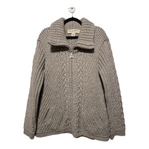 Aran Mor Irish Merino Wool Cable Knit Cardigan Sweater Womens XL Gray Fisherman